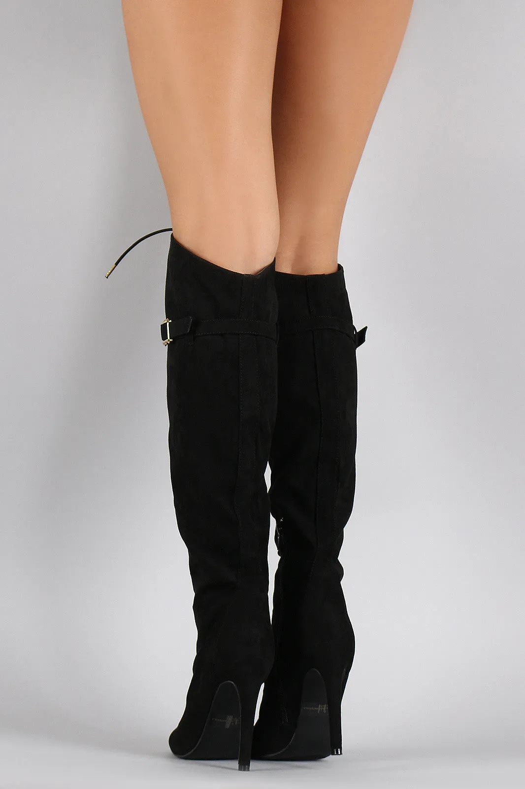 Qupid Faux Suede Lace Up Peep Toe Stiletto Thigh High Boot