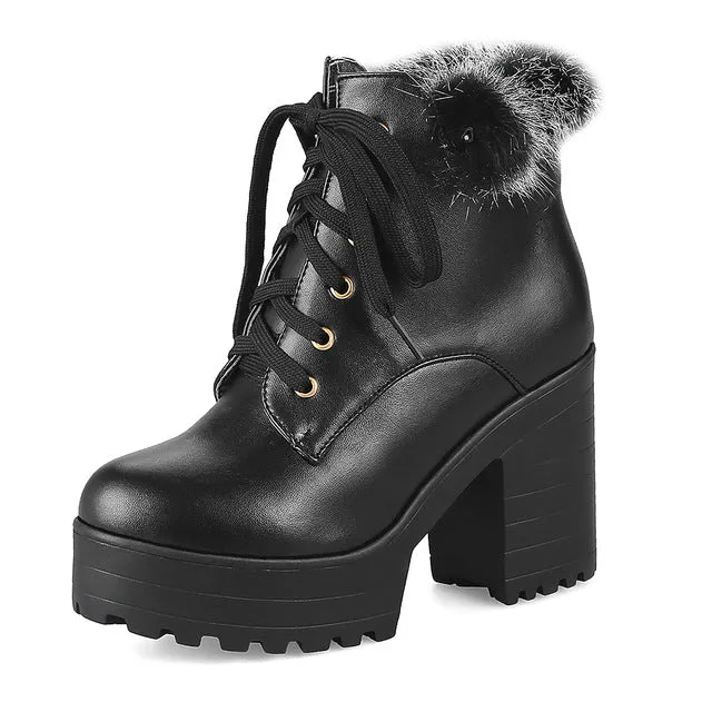 real fur short thick square High Heels Ankle Boots