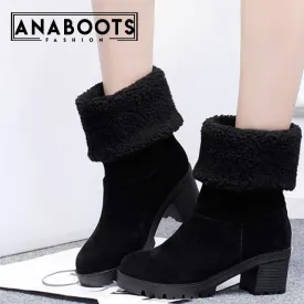 Snow Warm Fur Square Heels Boots Winter