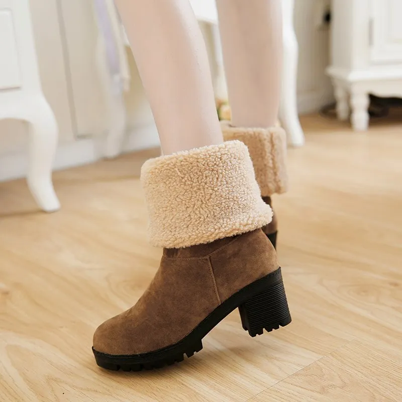 Snow Warm Fur Square Heels Boots Winter