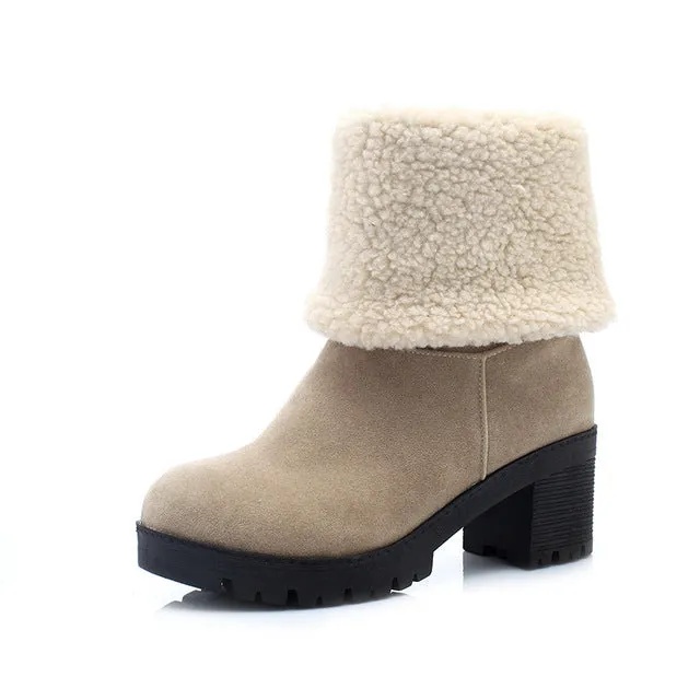 Snow Warm Fur Square Heels Boots Winter