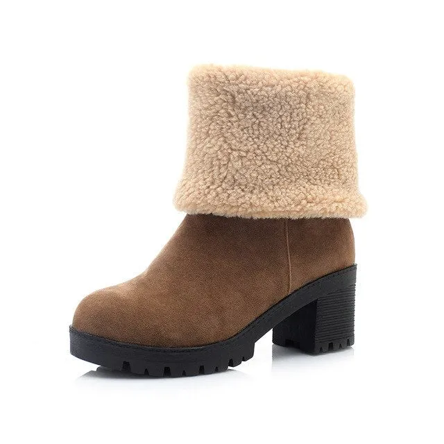 Snow Warm Fur Square Heels Boots Winter