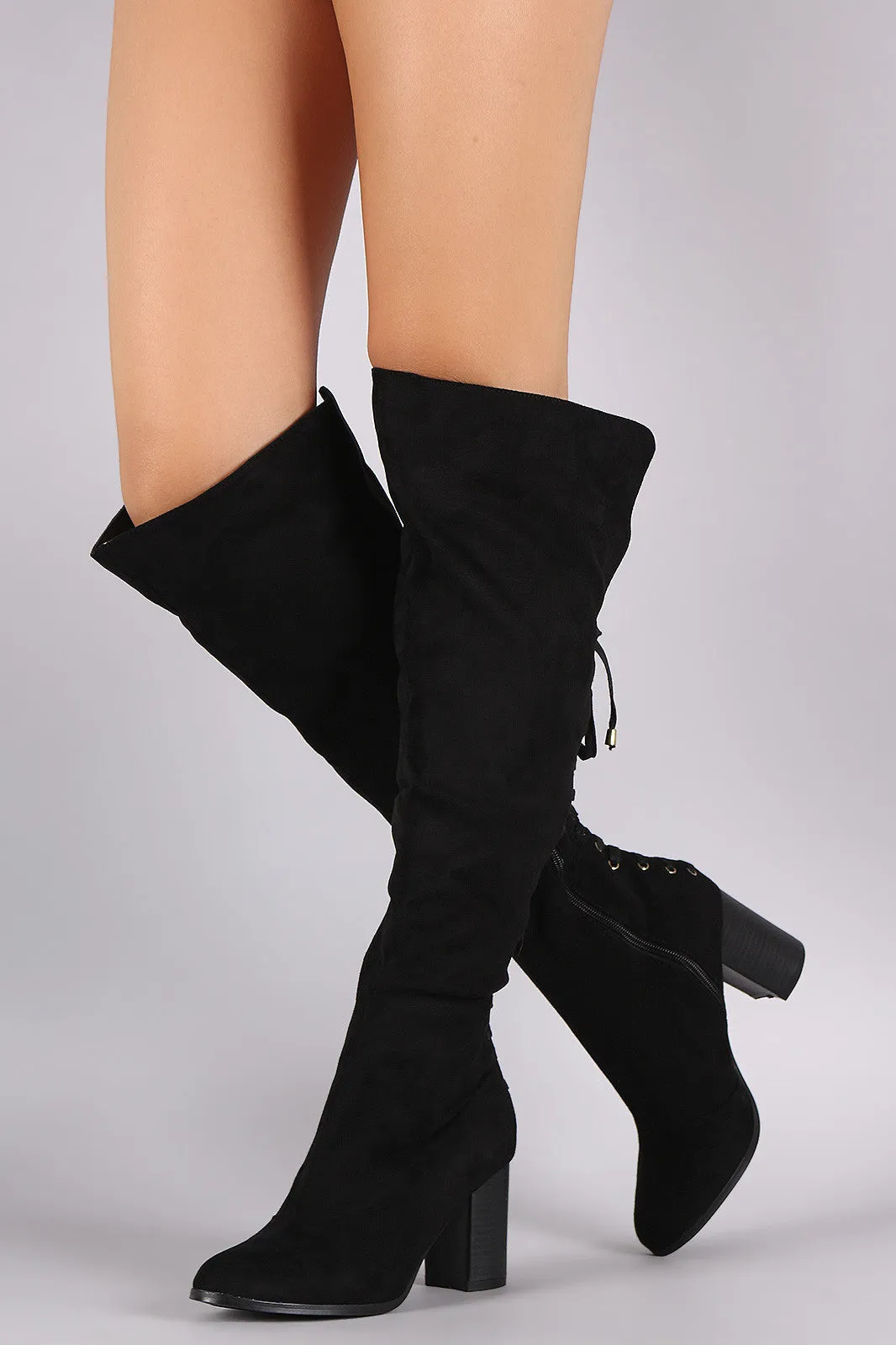 Suede Back Corset Lace Up Chunky Heeled Boots