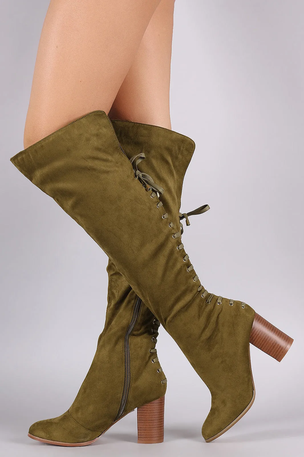 Suede Back Corset Lace Up Chunky Heeled Boots