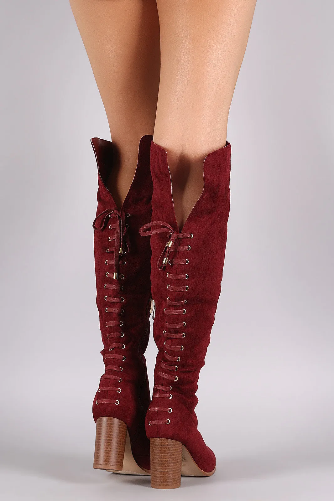 Suede Back Corset Lace Up Chunky Heeled Boots