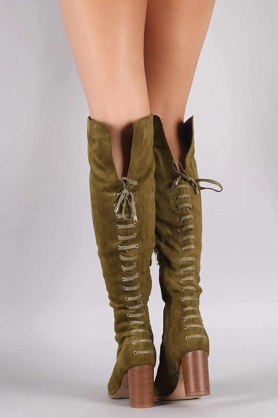 Suede Back Corset Lace Up Chunky Heeled Boots