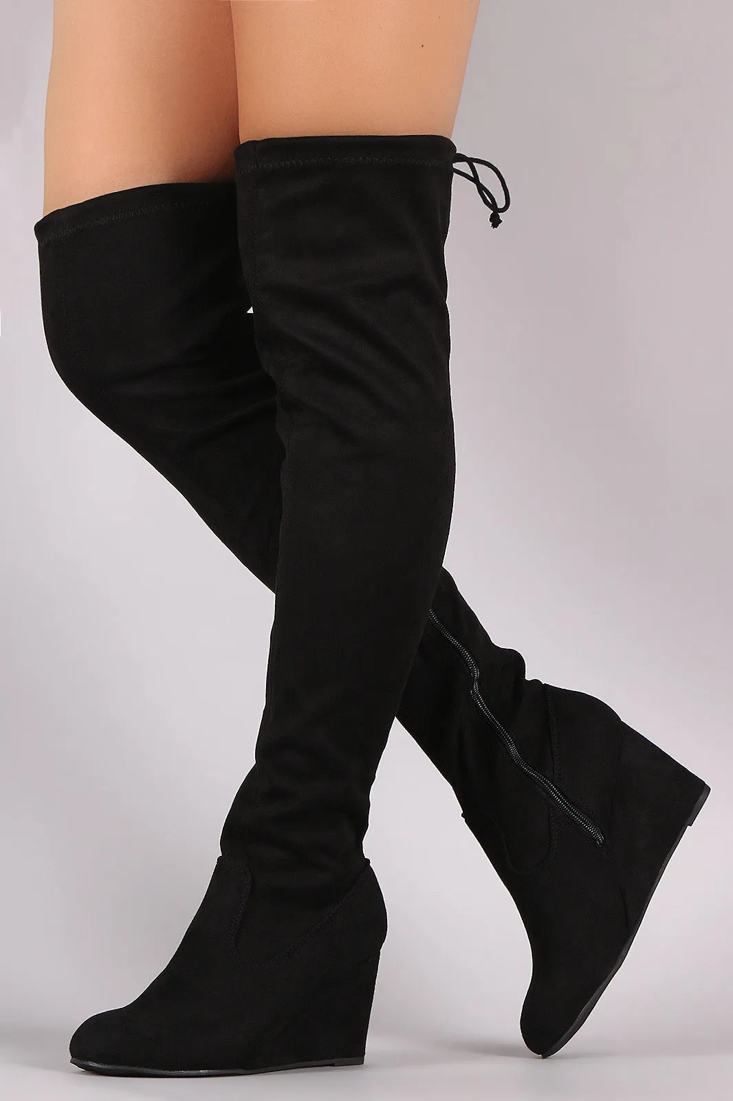 Suede Drawstring Tie Over-The-Knee Wedge Boots